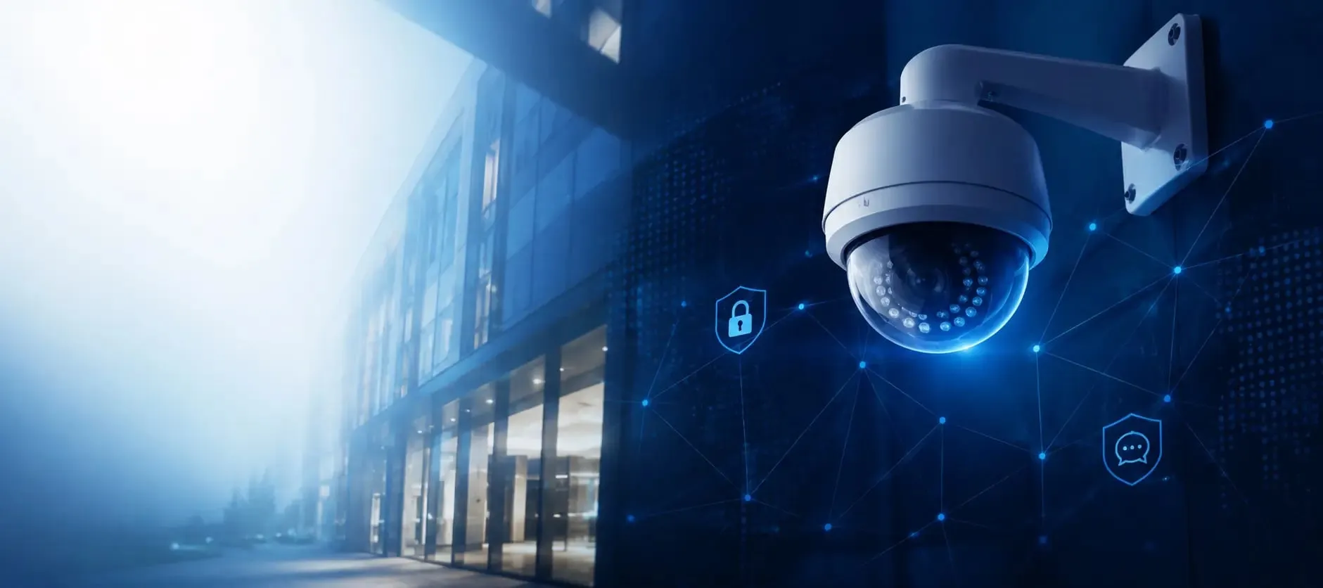 Dome-beveiligingscamera aan de gevel van een kantoorgebouw met digitale beveiligingsiconen